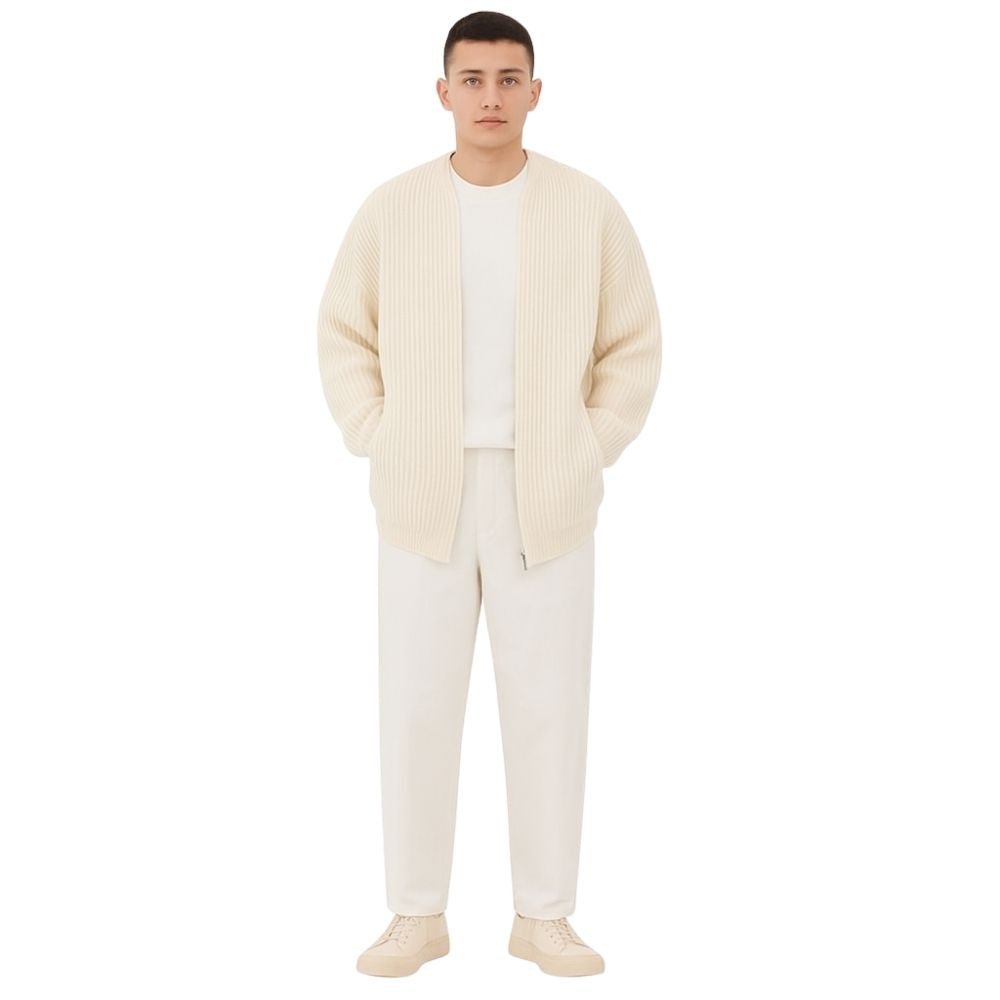 Minimalist zip up sweater, collarless knit outerwear, luxury oversized cardigan, quiet luxury jacket, off-white structured knit, contemporary men's knitwear