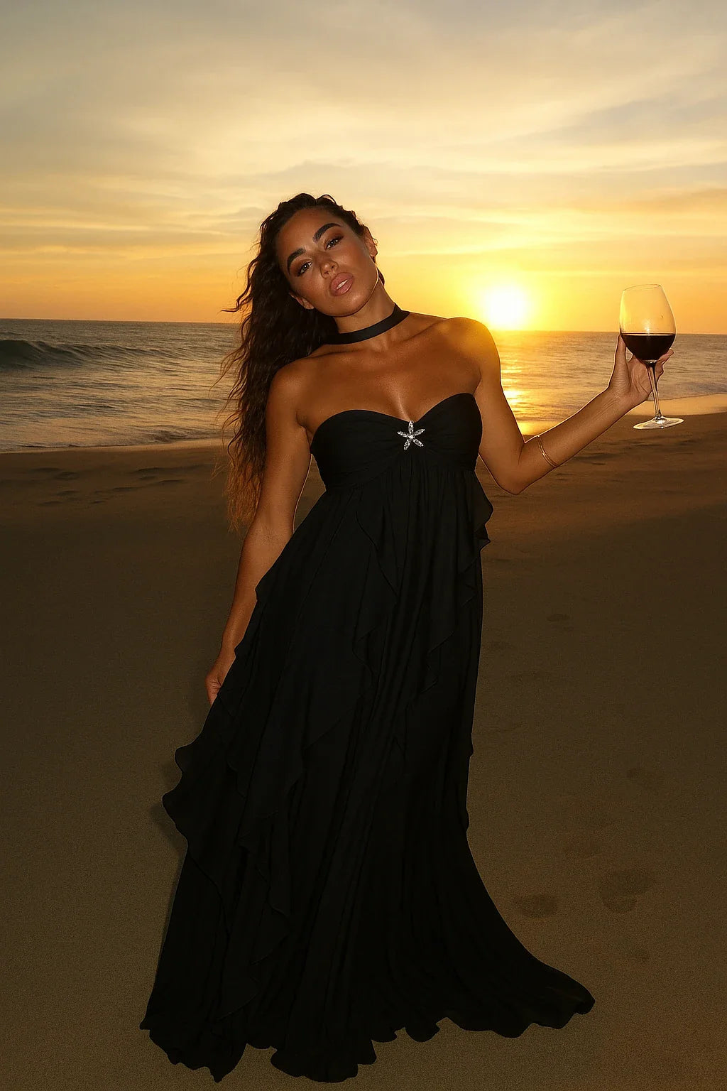 Weave in terms like "ethereal silhouette", "cascading layers", "asymmetrical hemline", "gala attire", "black-tie event dress", "statement piece