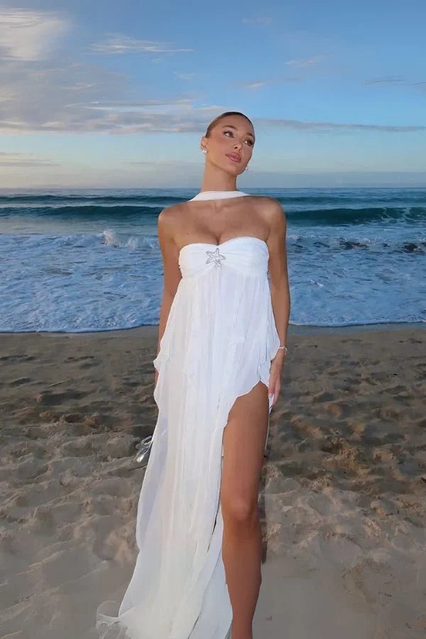 "ethereal," "goddess dress," "flowy," "resort wear," "Santorini style," "beach formal," and "honeymoon outfit