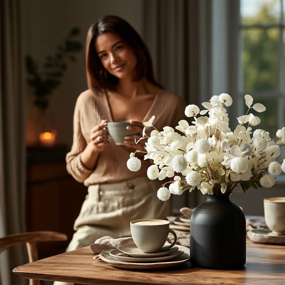 Kouvr Aspen Dream artificial flower arrangement with white pom poms and bleached eucalyptus in a modern matte black ceramic vase