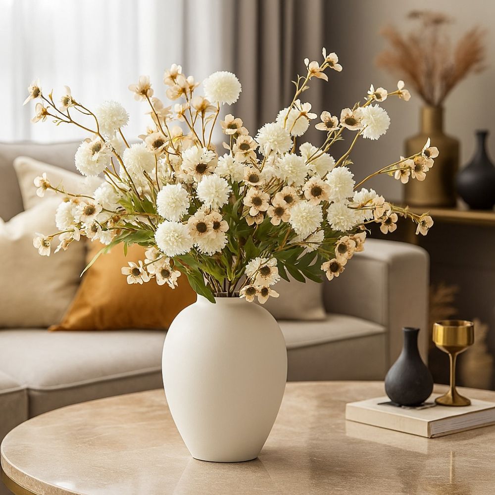Kouvr Aspen Dream artificial flower arrangement with white pom poms and bleached eucalyptus in a modern matte black ceramic vase