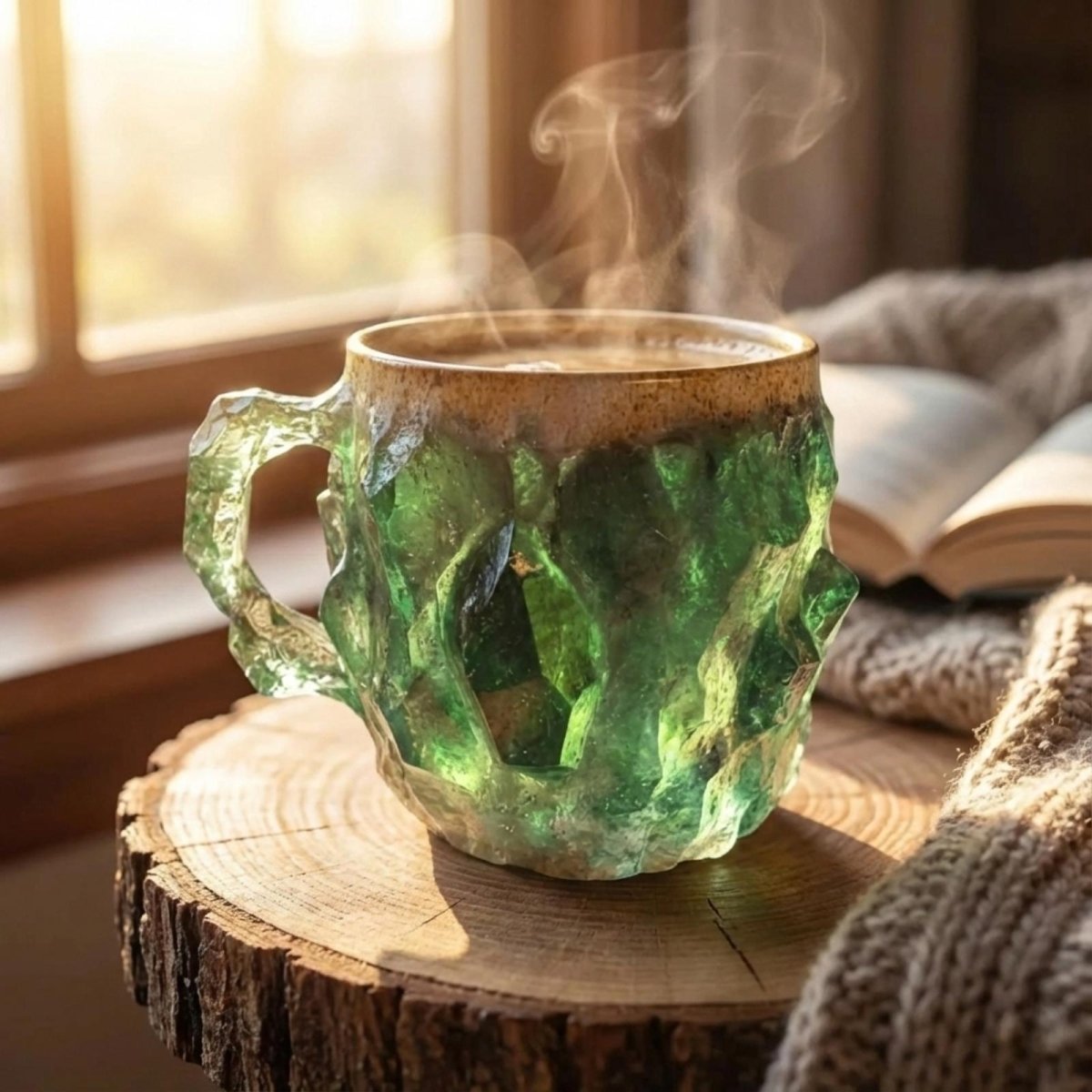 A steaming artisan crystal coffee cup in emerald green sits on a wood slice next to a book, creating a cozy morning aesthetic.