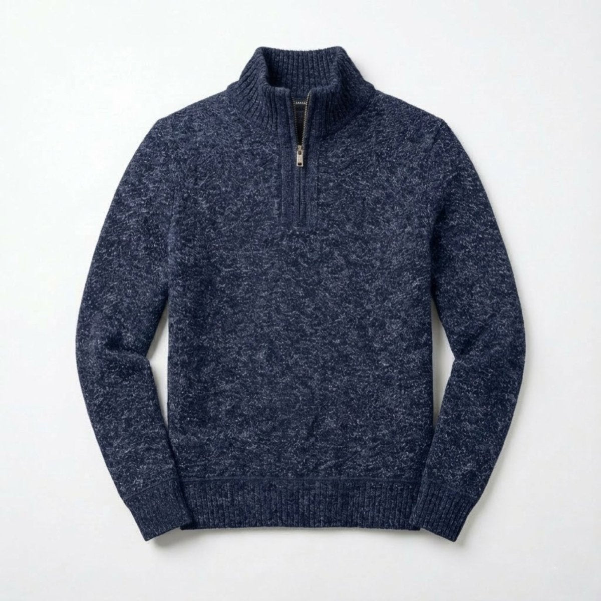 Flatlay product shot of the front of the Kouvr Elyson quarter-zip sweater, detailing the gunmetal zipper and ribbed mock neck.