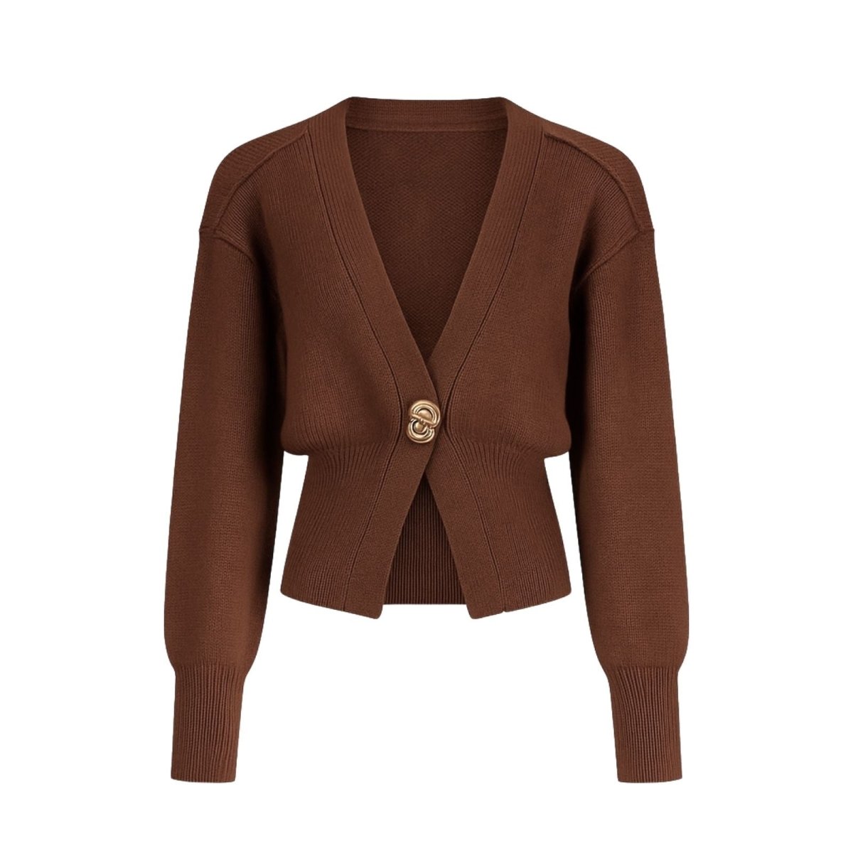Brown kouvr cardigan with a gold button on a white background