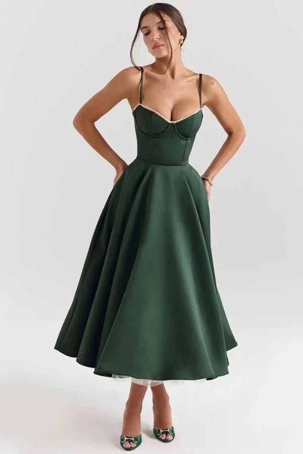 tea-length," "sweetheart neckline," "structured bodice," "fit and flare silhouette," "occasionwear