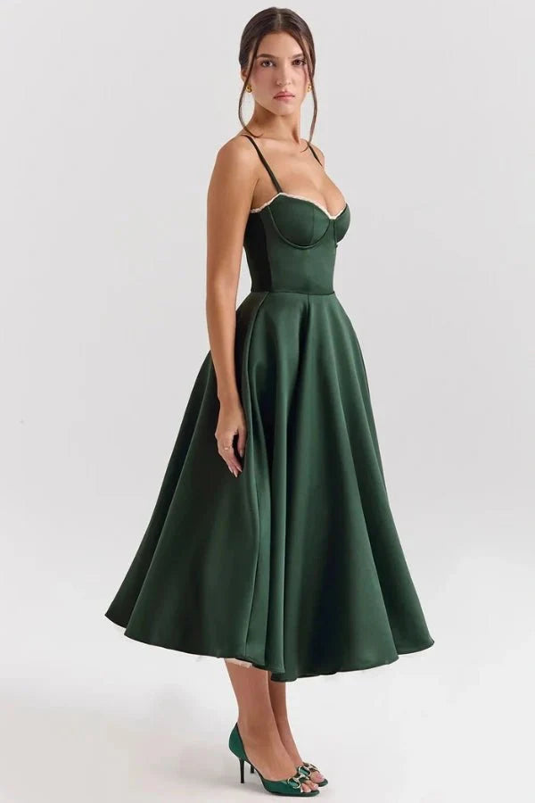 tea-length," "sweetheart neckline," "structured bodice," "fit and flare silhouette," "occasionwear