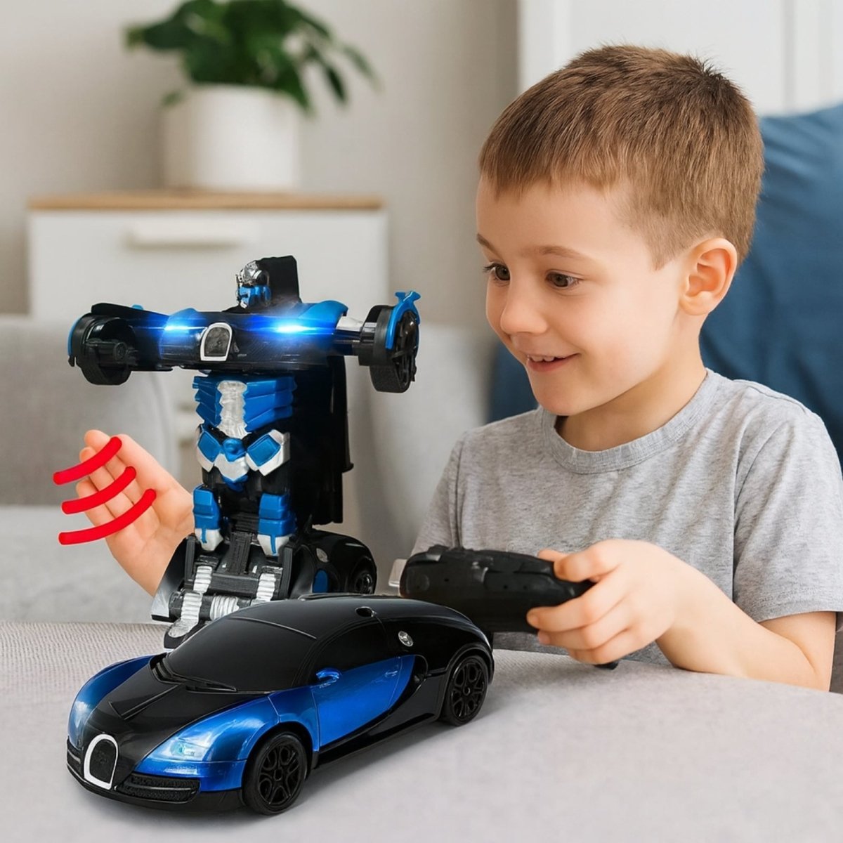 Child playing with a toy car and robot transformation set on a couch.