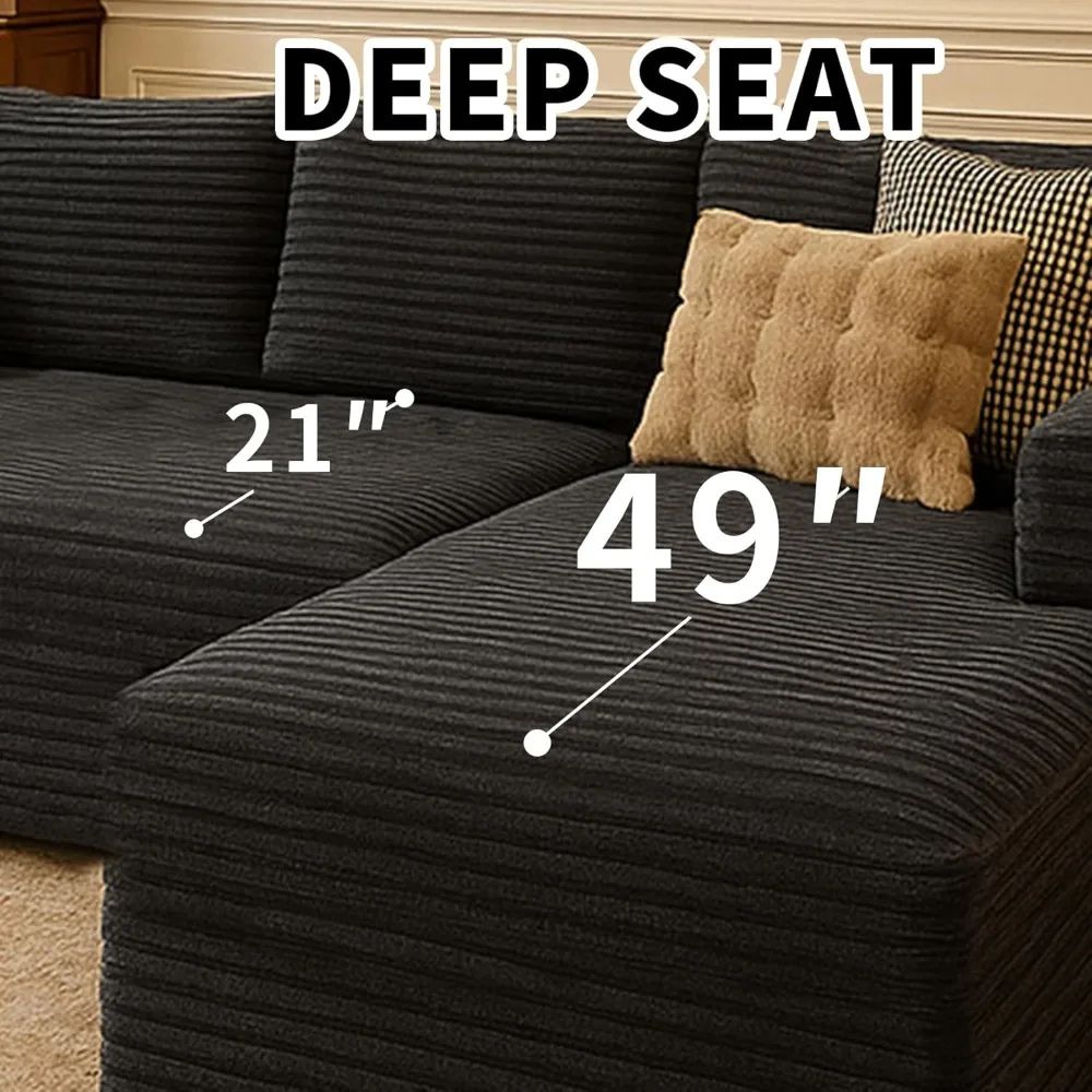 A family relaxing on the black and dark grey Kouvr deep seat corduroy sectional sofa in a brightly lit, modern living room