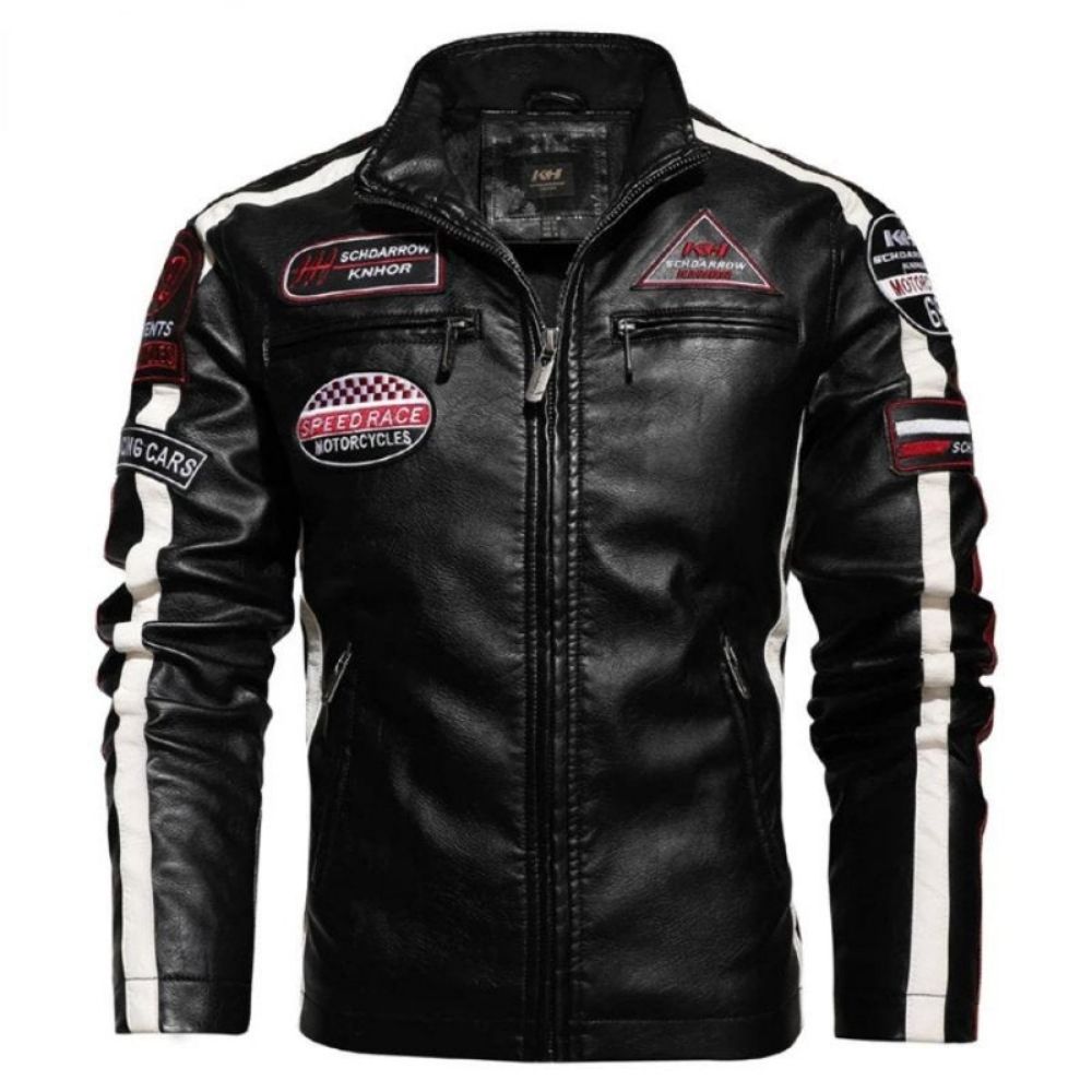 winter leather jacket, fleece lined jacket, jacket with patches, racing jacket, cafe racer jacket, black slim fit jacket.