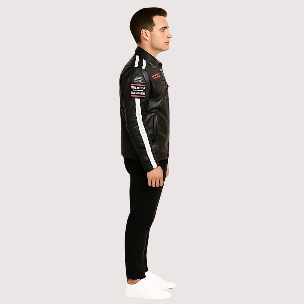 winter leather jacket, fleece lined jacket, jacket with patches, racing jacket, cafe racer jacket, black slim fit jacket