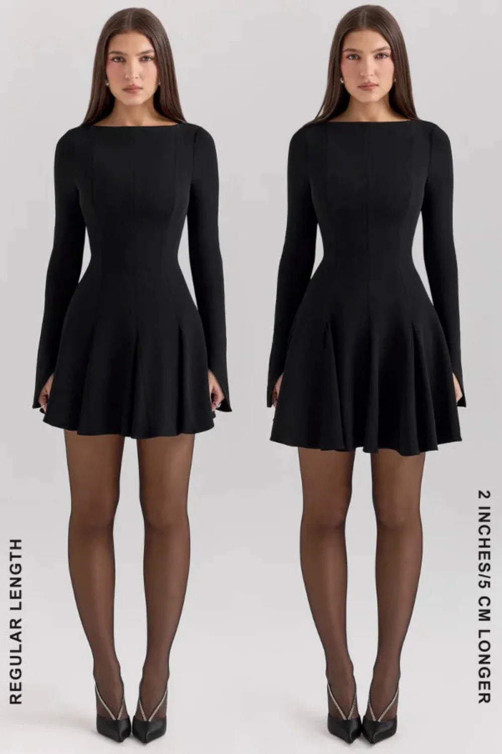 Model from behind wearing the Kouvr Fashion black long sleeve mini dress, showing the button details on the split cuffs