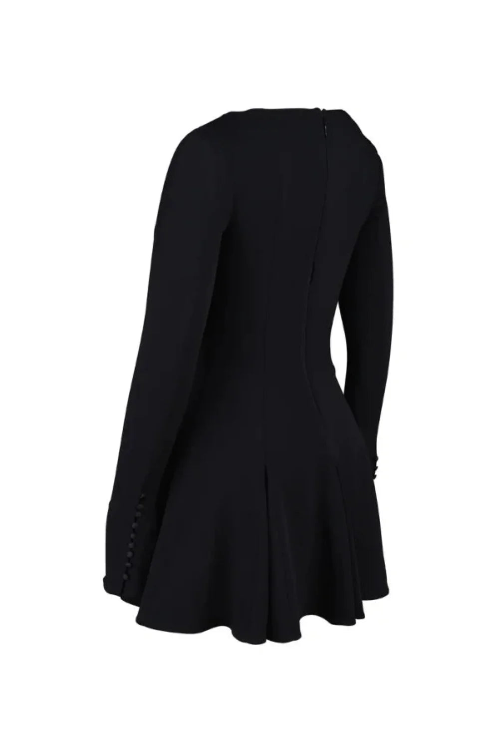 Model from behind wearing the Kouvr Fashion black long sleeve mini dress, showing the button details on the split cuffs