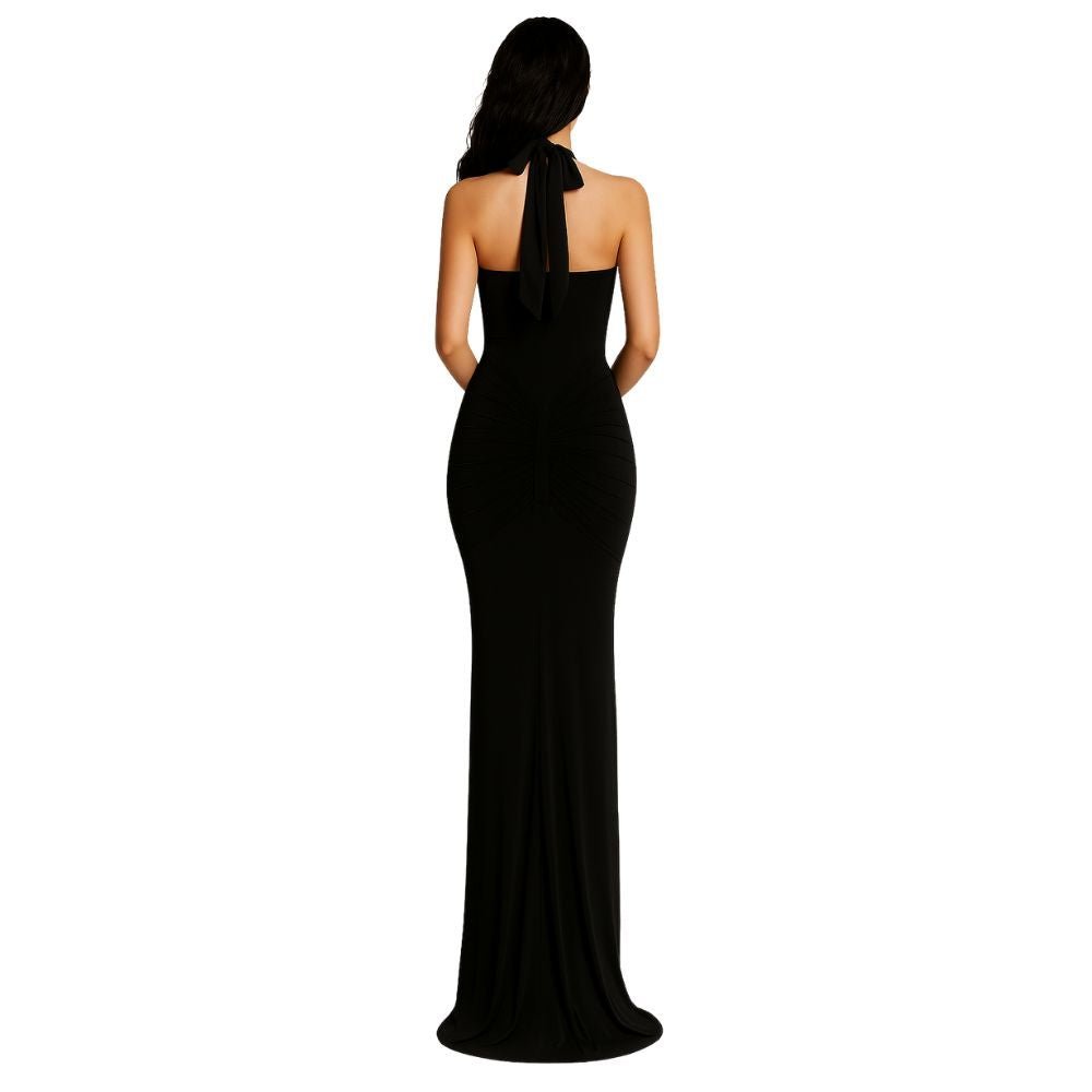 Black kouvr halter neck gown on a white background