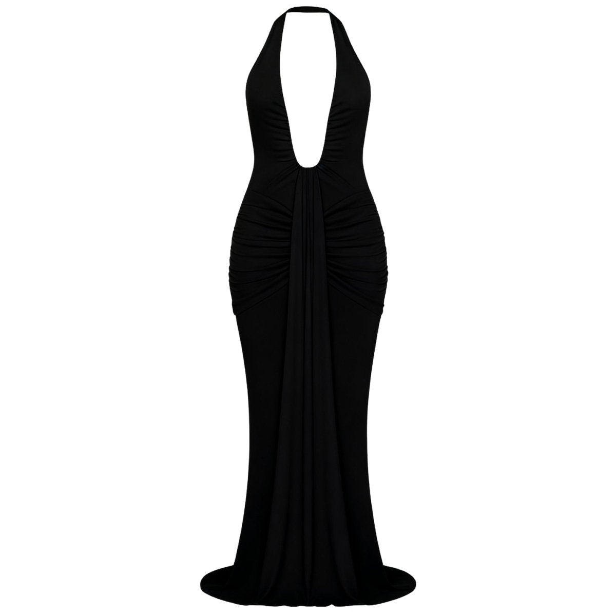 Black Kouvr halter neck gown on a white background