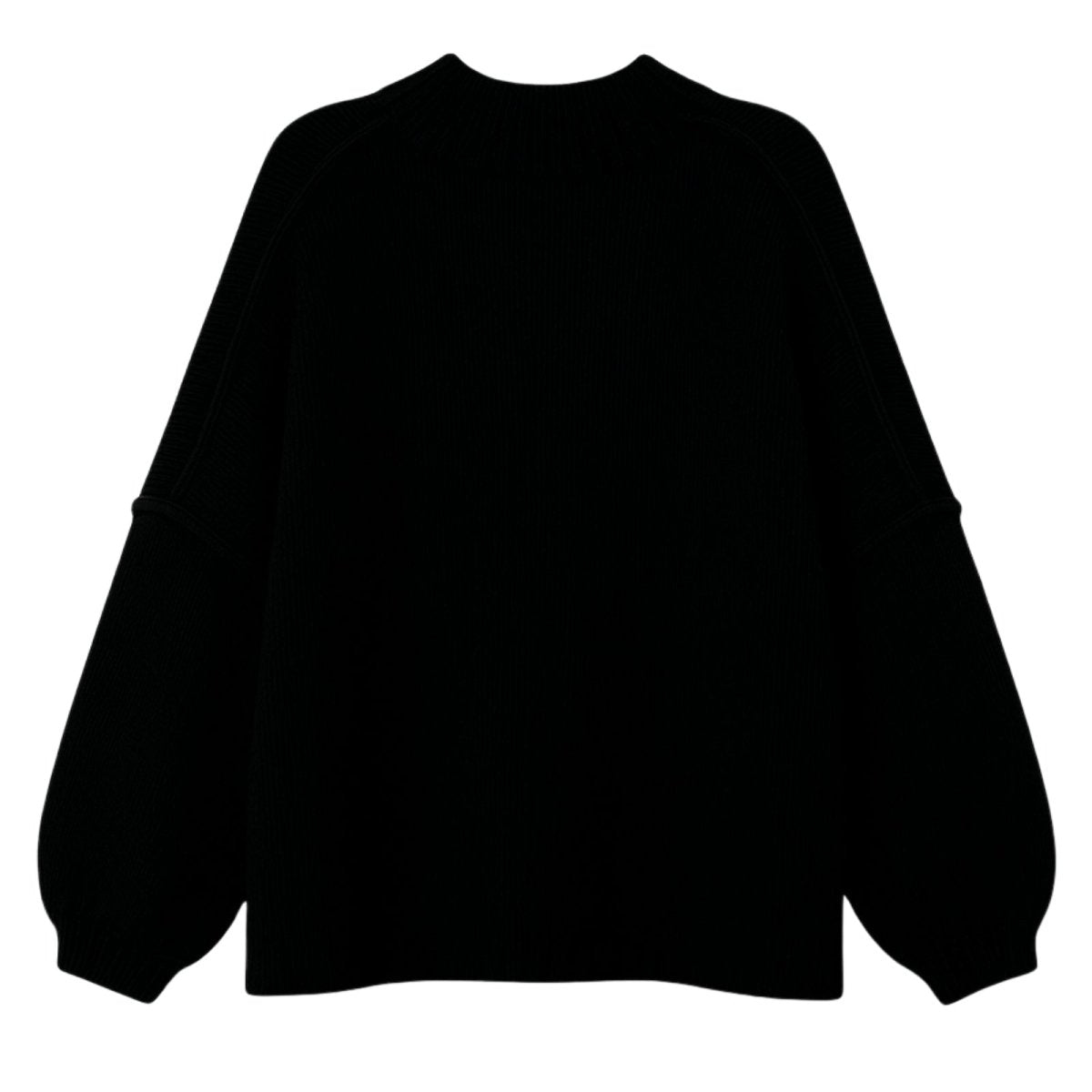 Flatlay product shot of the Kouvr black oversized cardigan showing all six gold buttons and chunky knit detail.