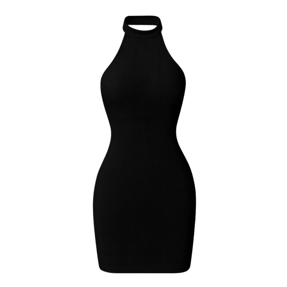 Black kouvr halter neck dress on a white background