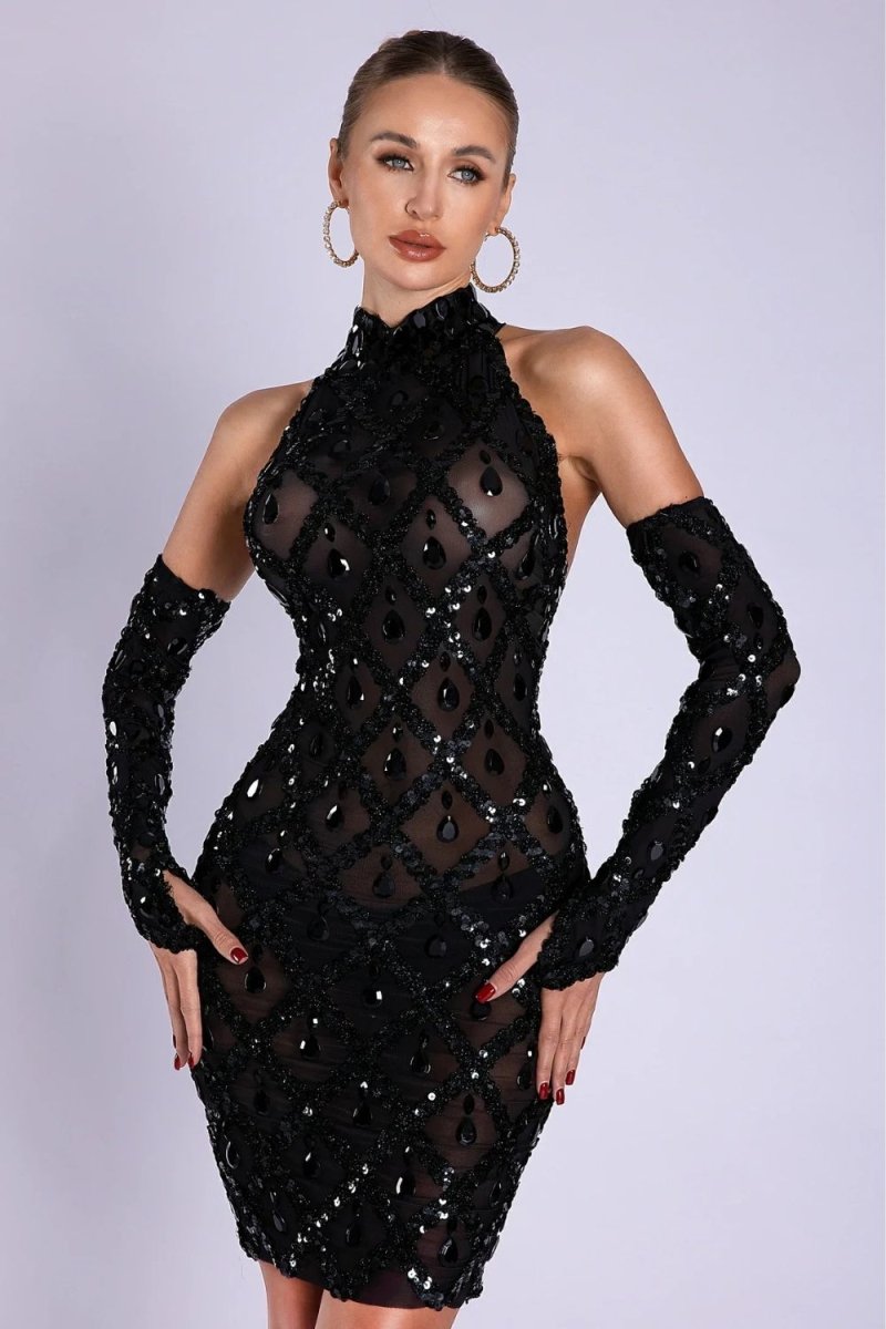 Model wearing Kouvr Fashion black sequin high-neck mini dress with opera gloves from the back