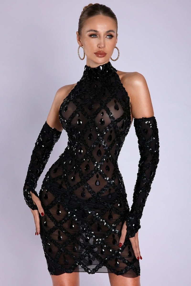 Model wearing Kouvr Fashion black sequin high-neck mini dress with opera gloves from the back