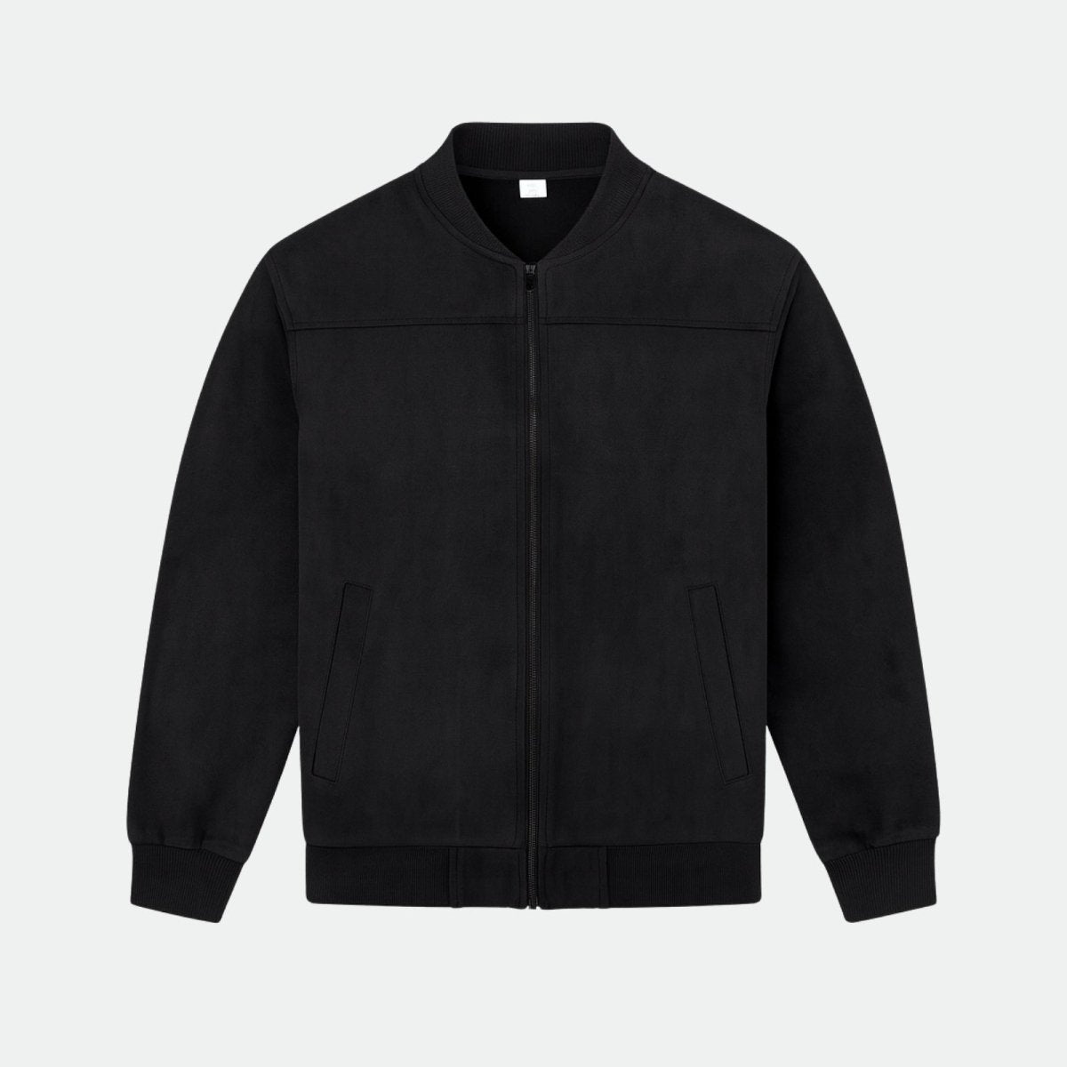 Front product shot of the Kouvr black micro-suede bomber jacket with zip-up front and side pockets. 