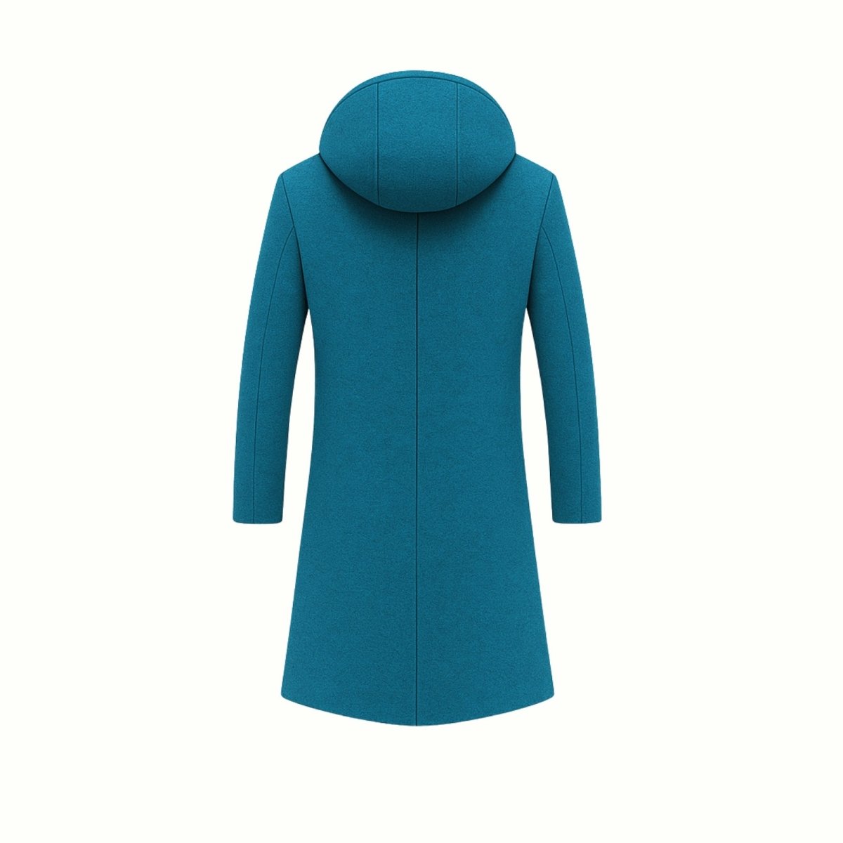 Close-up detail of the wide lapel, hood, and premium wool texture on the Kouvr Blue men's coat.