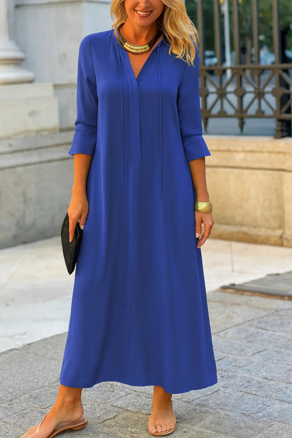 elegant vacation dress, resort wear for women, comfortable formal gown, lightweight summer dress, sophisticated casual dress, flattering silhouette, versatile travel dress