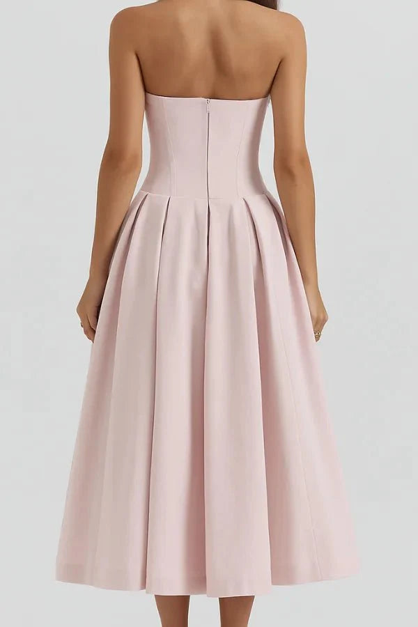 Kouvr Fashion strapless blush pink corset formal midi dress with sweetheart neckline and A-line skirt