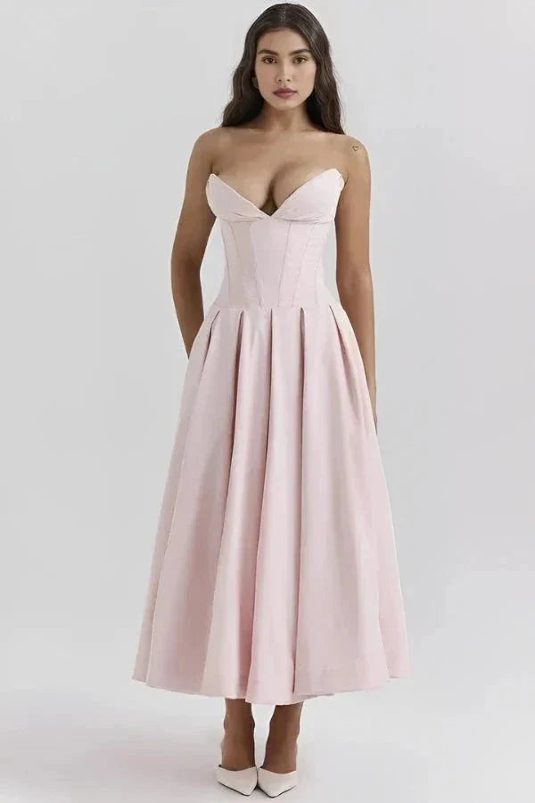 Kouvr Fashion strapless blush pink corset formal midi dress with sweetheart neckline and A-line skirt