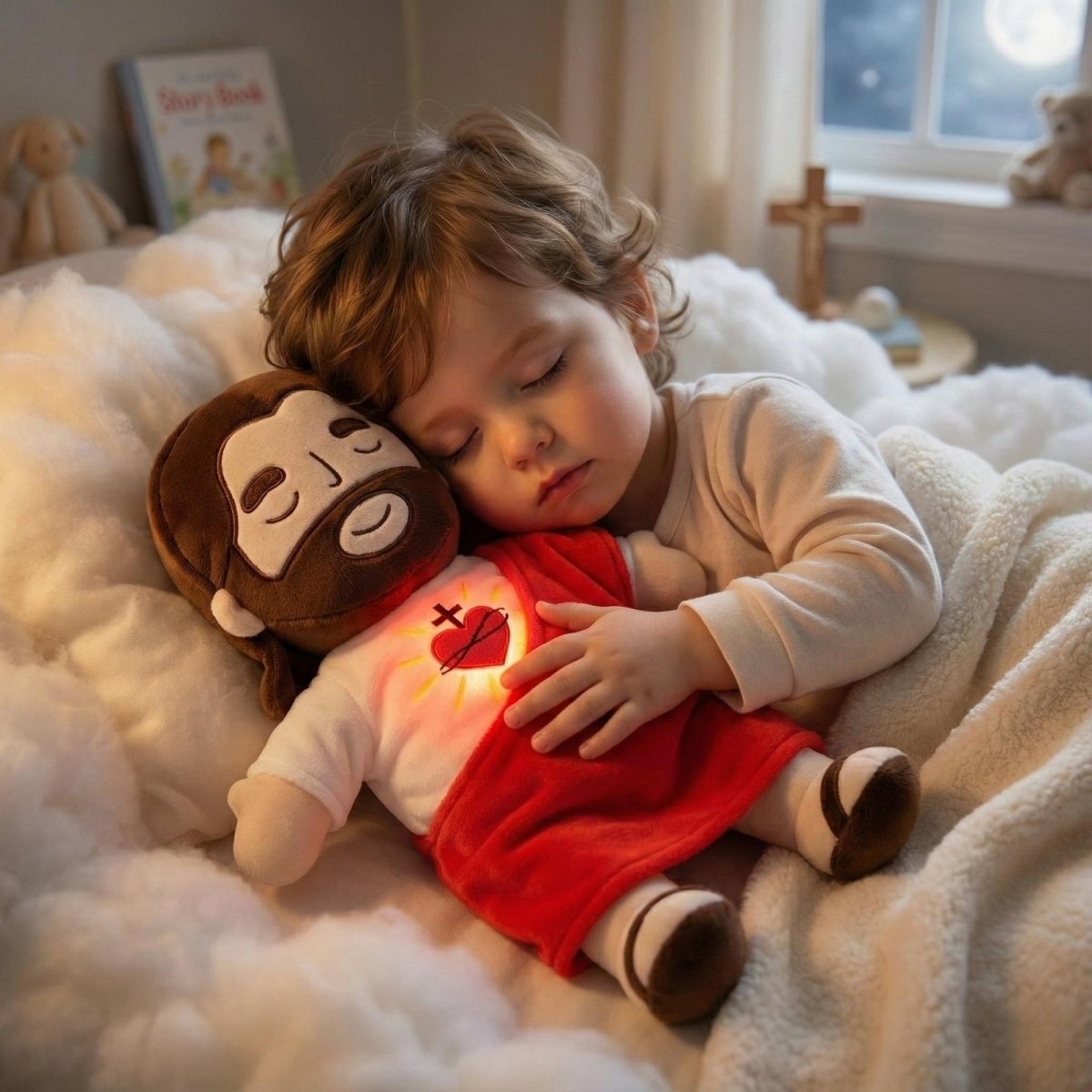 Young child sleeping peacefully while hugging the Kouvr breathing Jesus plush doll with its glowing heart.