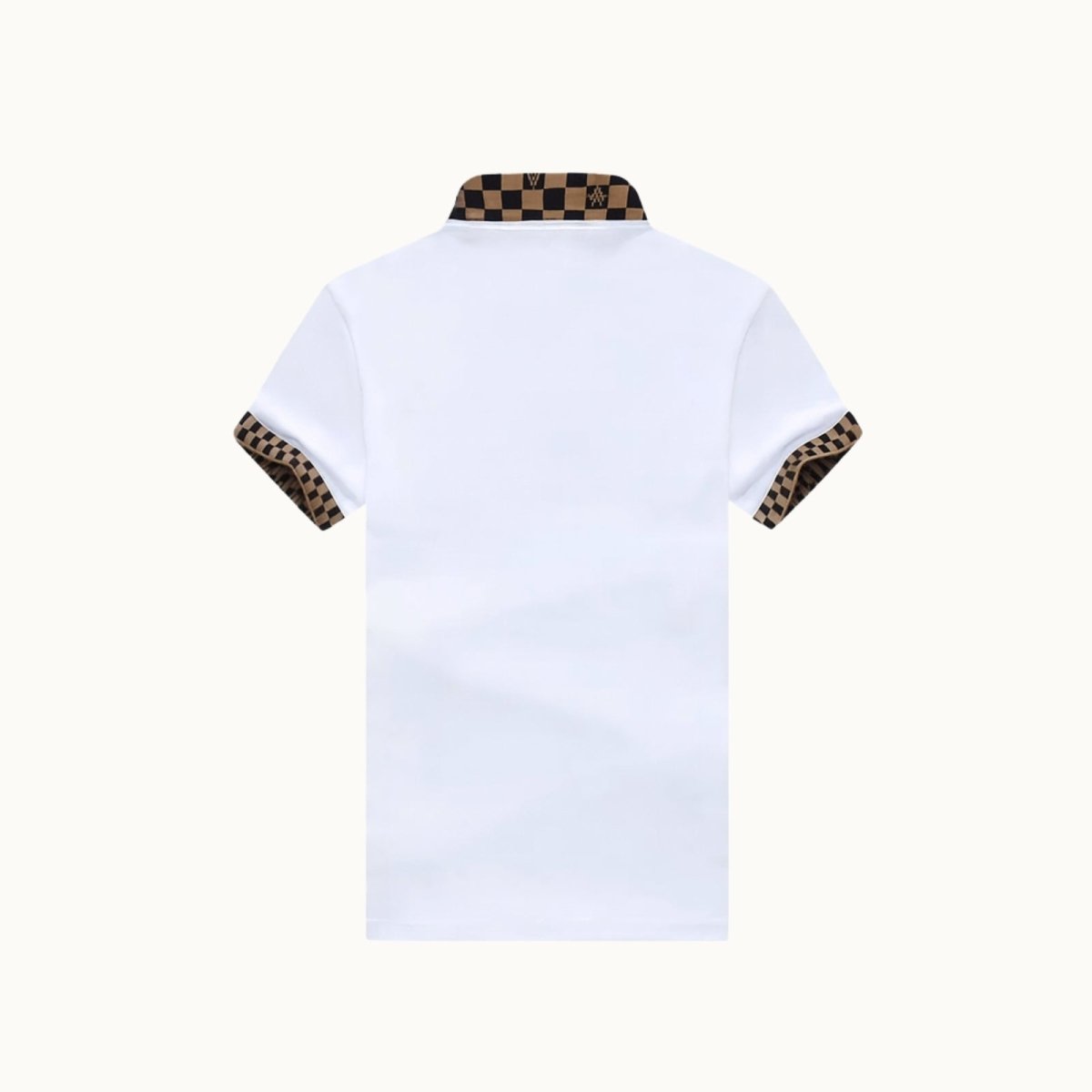 Product-only image of the back of the white Kouvr Fashion polo shirt, showcasing the full checkered collar detail.