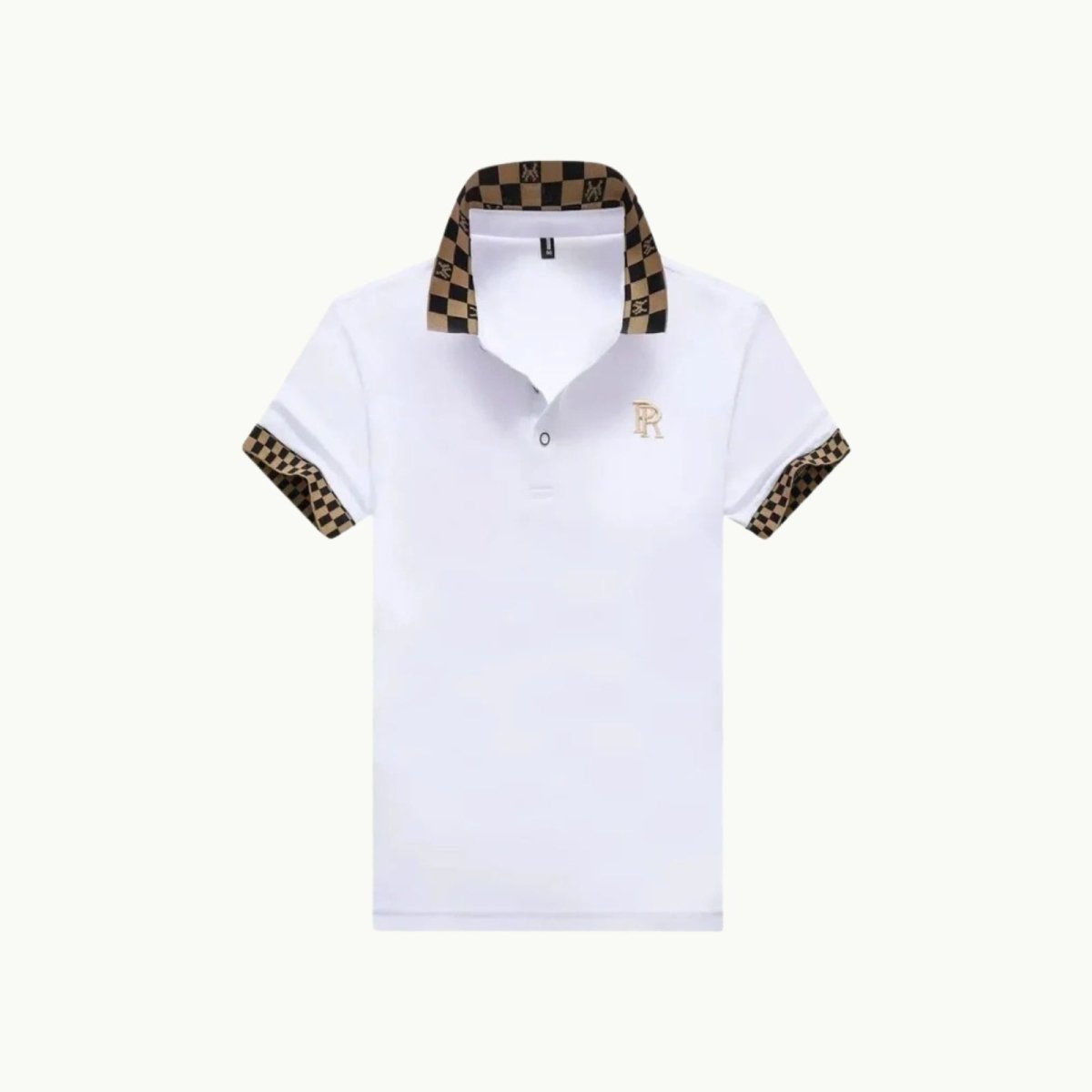 Product-only image of the white Kouvr Fashion polo shirt with checkered collar, laid flat to show the embroidered R logo and placket.
 
