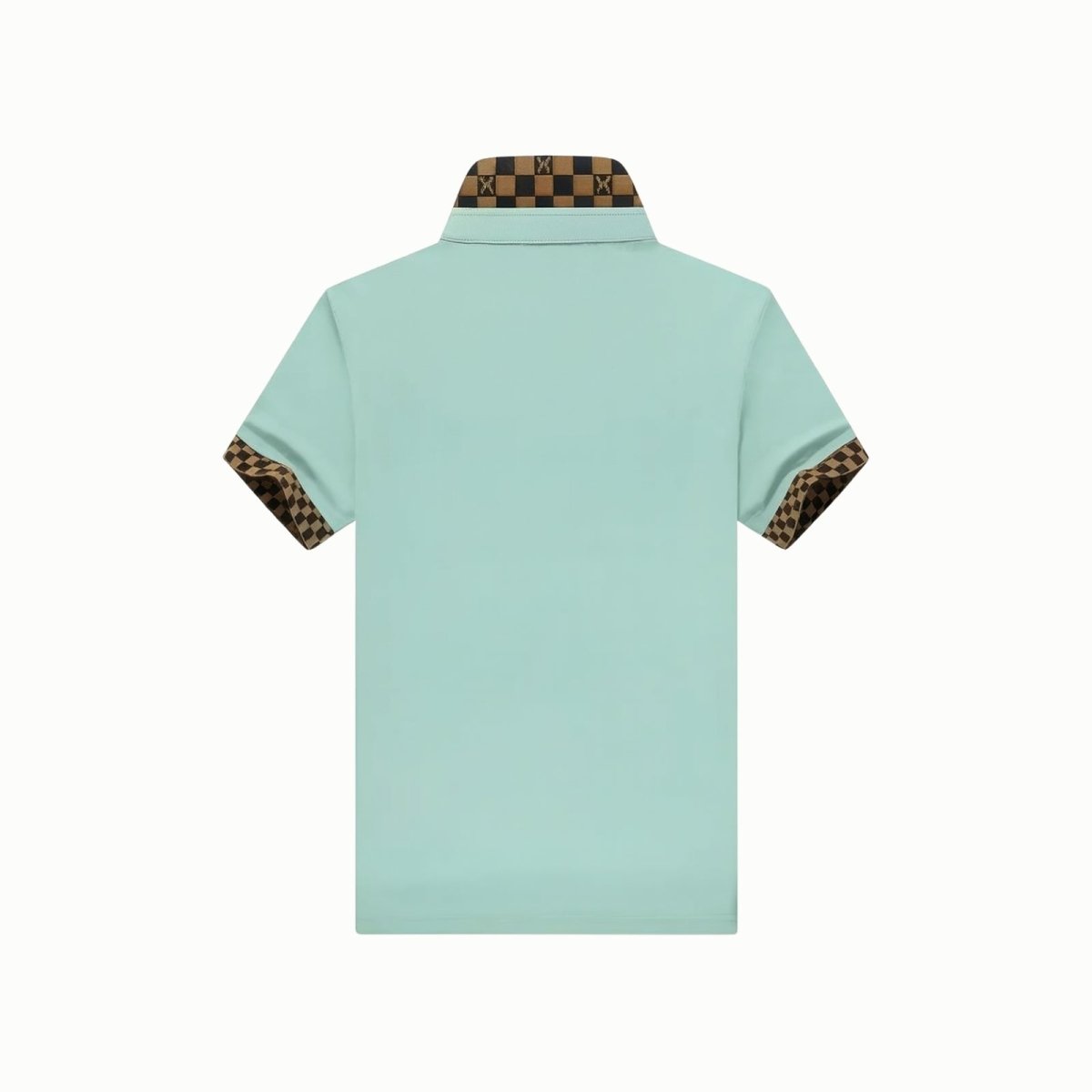 Rear product shot of the Kouvr Fashion Brent mint green polo, detailing the exclusive checkerboard pattern on the back of the collar.