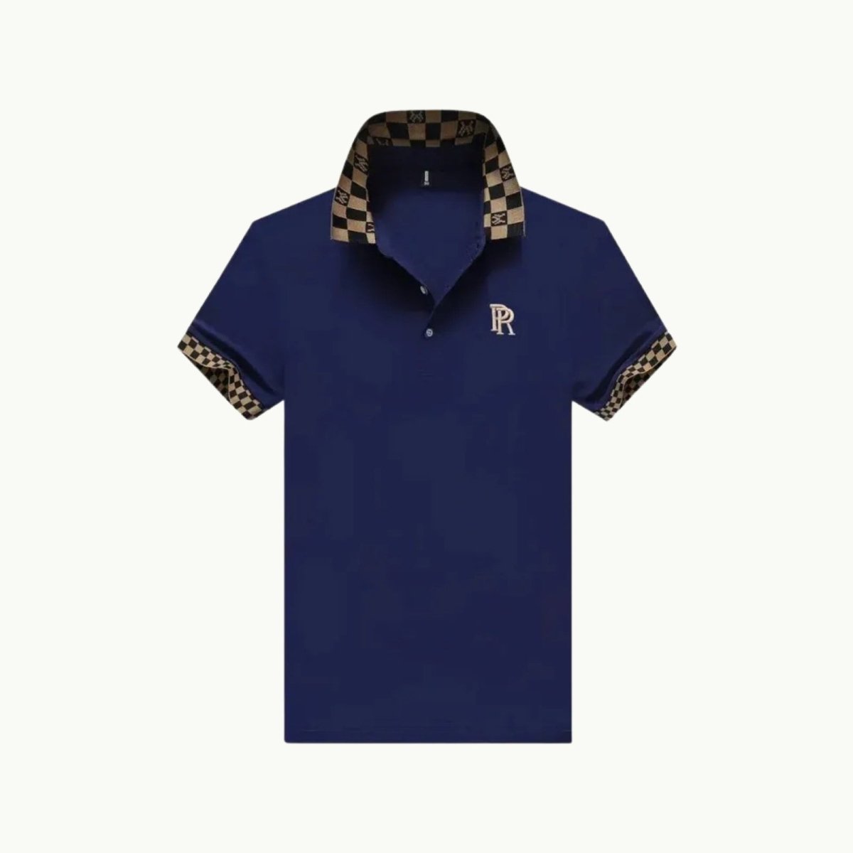 Flat lay of a men's navy blue polo shirt with a gold embroidered R logo and a brown and black checkered collar, showing product details.
