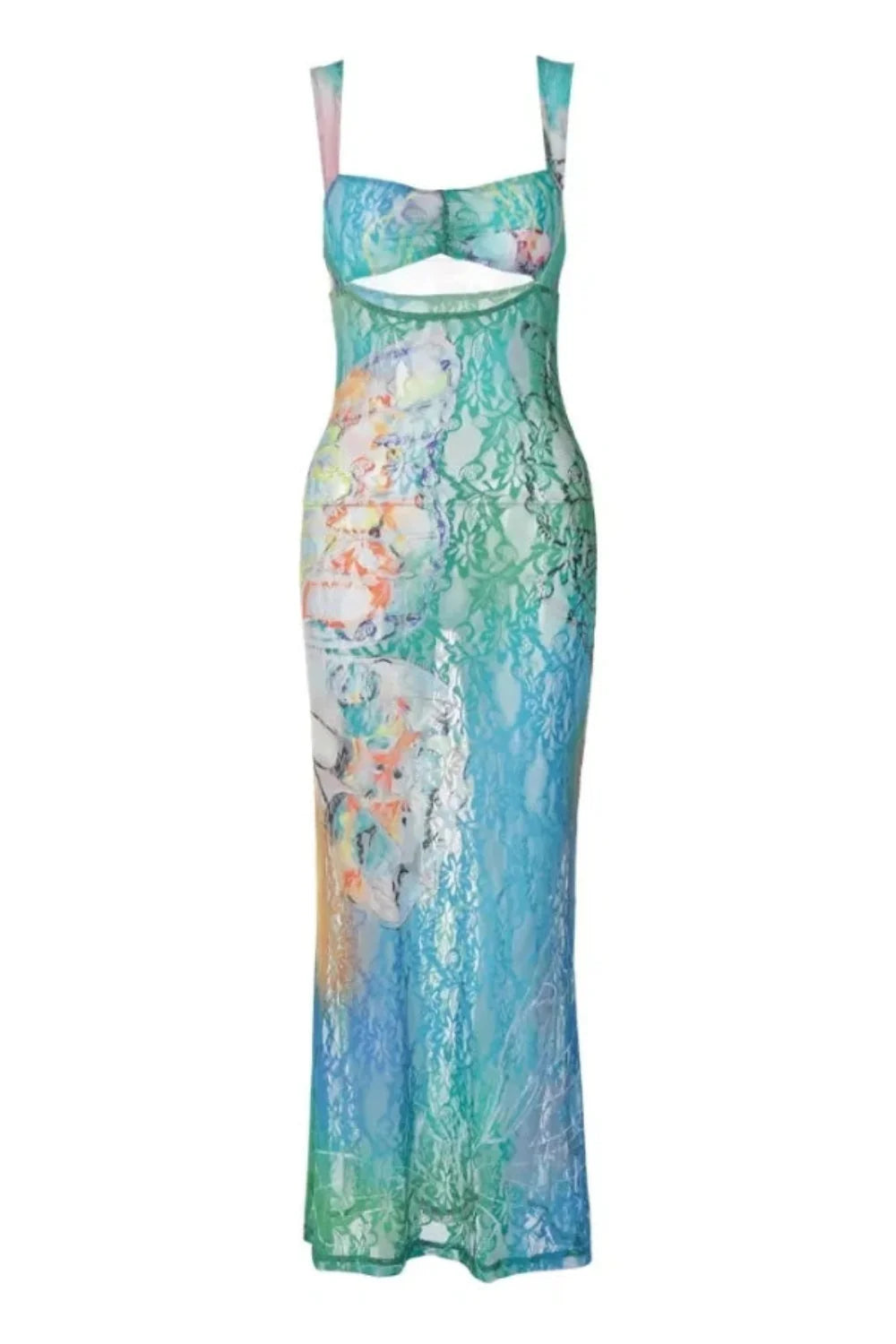 artistic print dress, watercolor dress, mesh gown, second-skin dress, bustier top maxi, statement occasion wear, luxury resort wear, gallery opening dress.