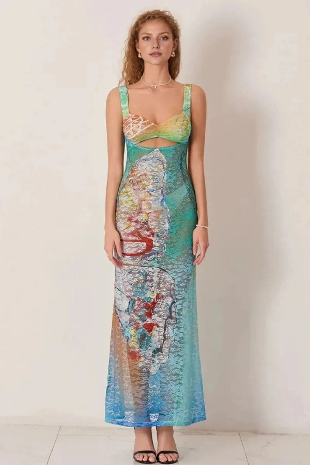 artistic print dress, watercolor dress, mesh gown, second-skin dress, bustier top maxi, statement occasion wear, luxury resort wear, gallery opening dress.