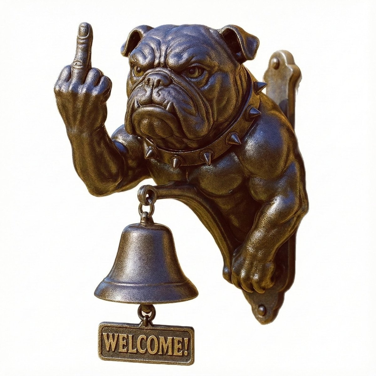 The Kouvr bronze bulldog door knocker and bell with a welcome sign, shown isolated against a clean white background for product detail. 