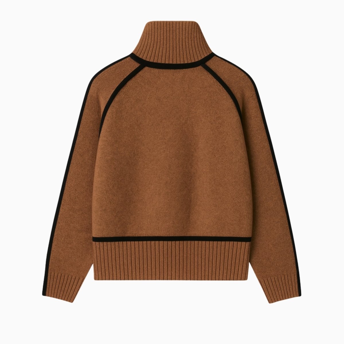 Back view of the brown wool turtleneck sweater with black contrast trim laid flat on a white background.