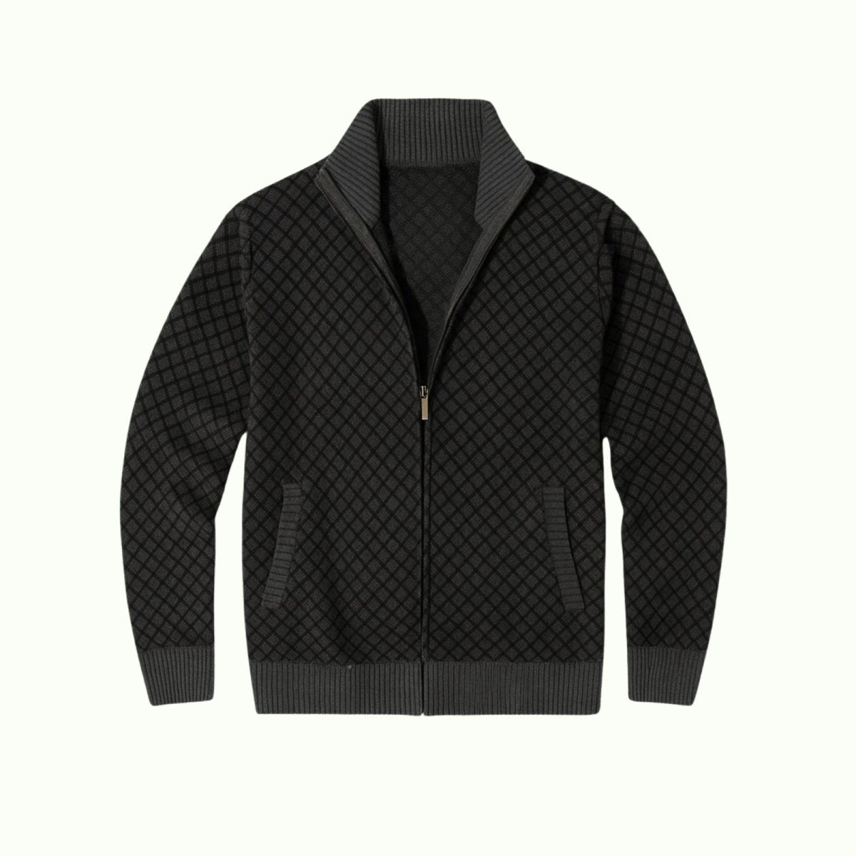 Product shot of the Kouvr Argento charcoal grey full-zip sweater, laid flat to show the diamond pattern and zipper detail.