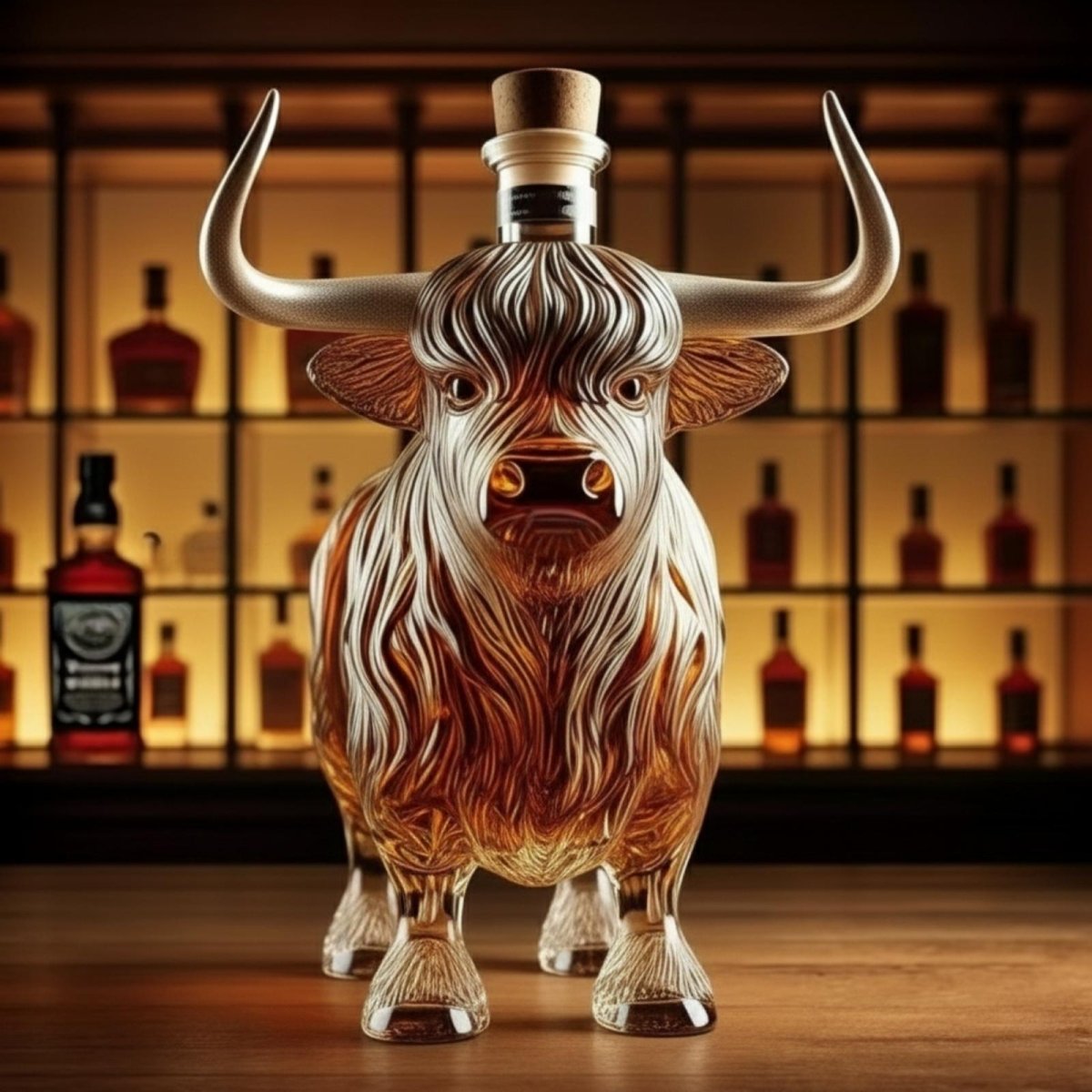 Front view of a glass bull-shaped liquor decanter by Kouvr, highlighting the detailed face, eyes, and silver-toned horns with a cork stopper.