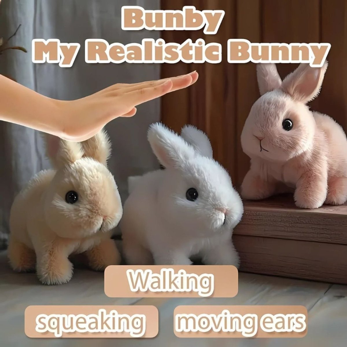 The white kouvr Bunby by Kouvr realistic bunny toy demonstrating its interactive features like walking and moving ears.