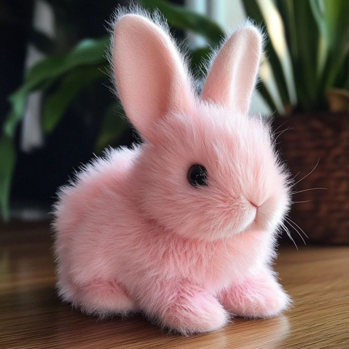 Fluffy pink kouvr rabbit plush toy on a wooden surface with a blurred plant background