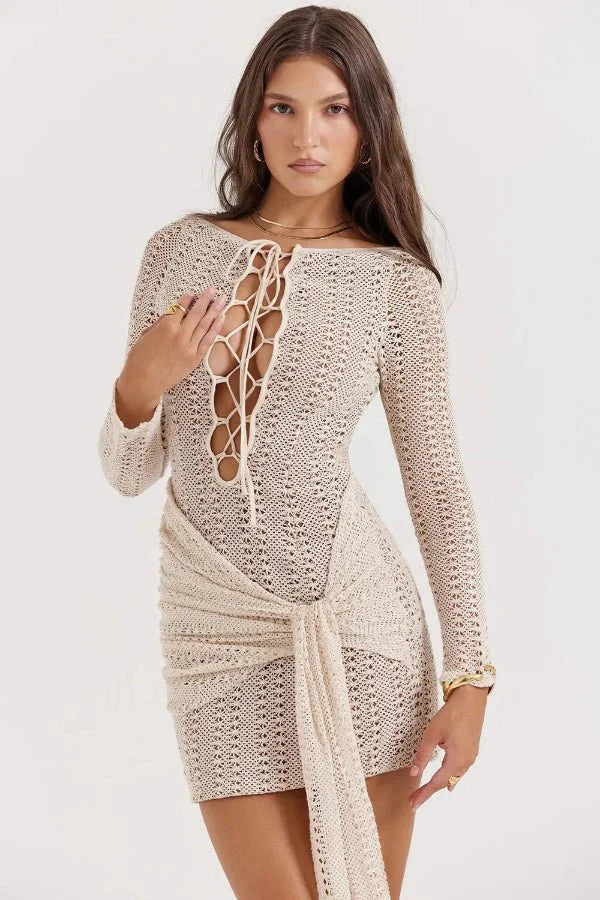 pointelle knit, sarong dress, bohemian style, resort wear, beach cover-up, cut out dress