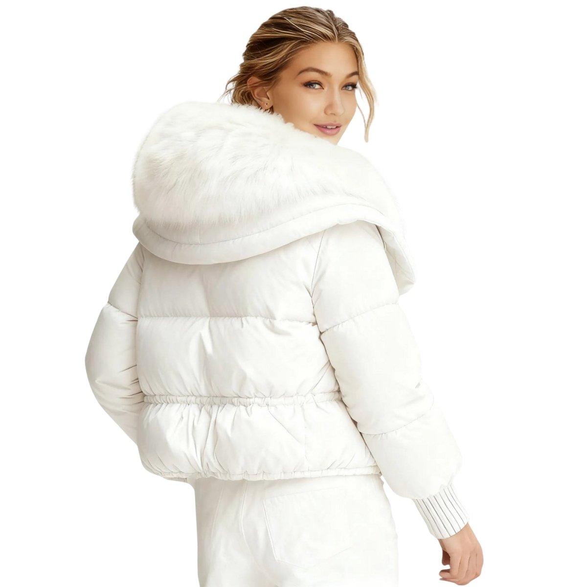 Woman wearing a white Kouvr puffer jacket on a white background