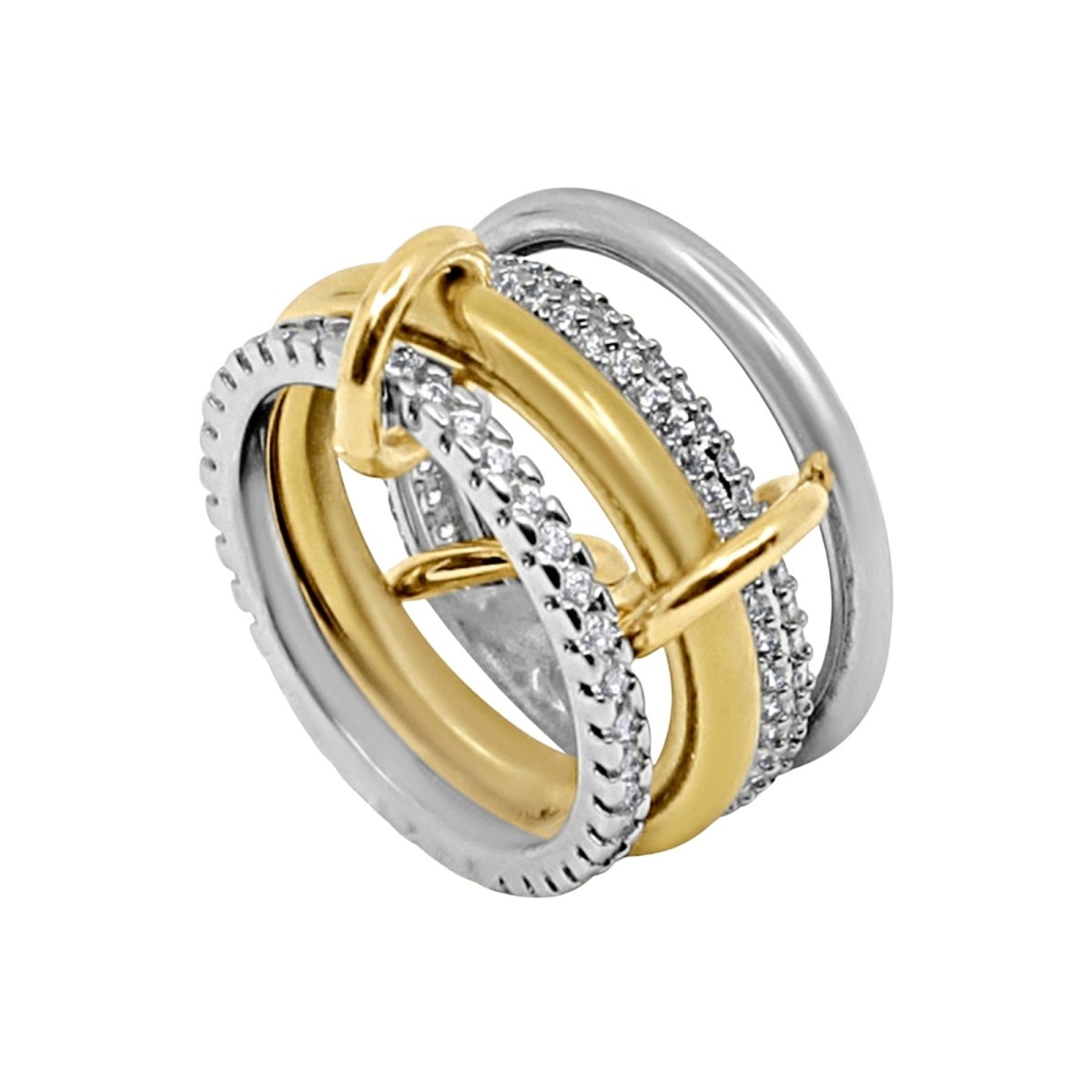 Kouvr interlocking rings in gold, silver, and white on a white background