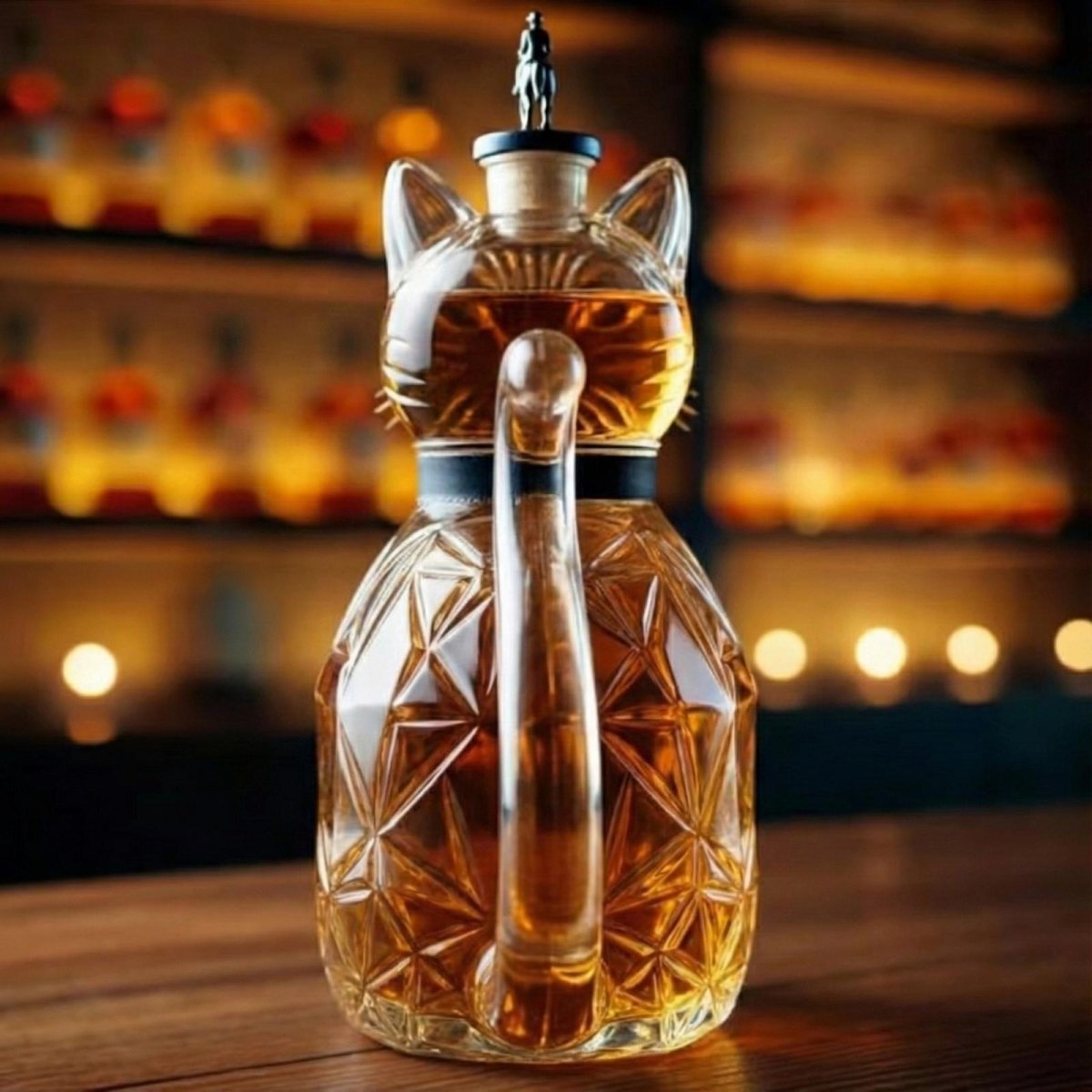 Back view of the Kouvr cat-shaped bourbon decanter, highlighting the curved tail that functions as a handle and the detailed equestrian bottle stopper.