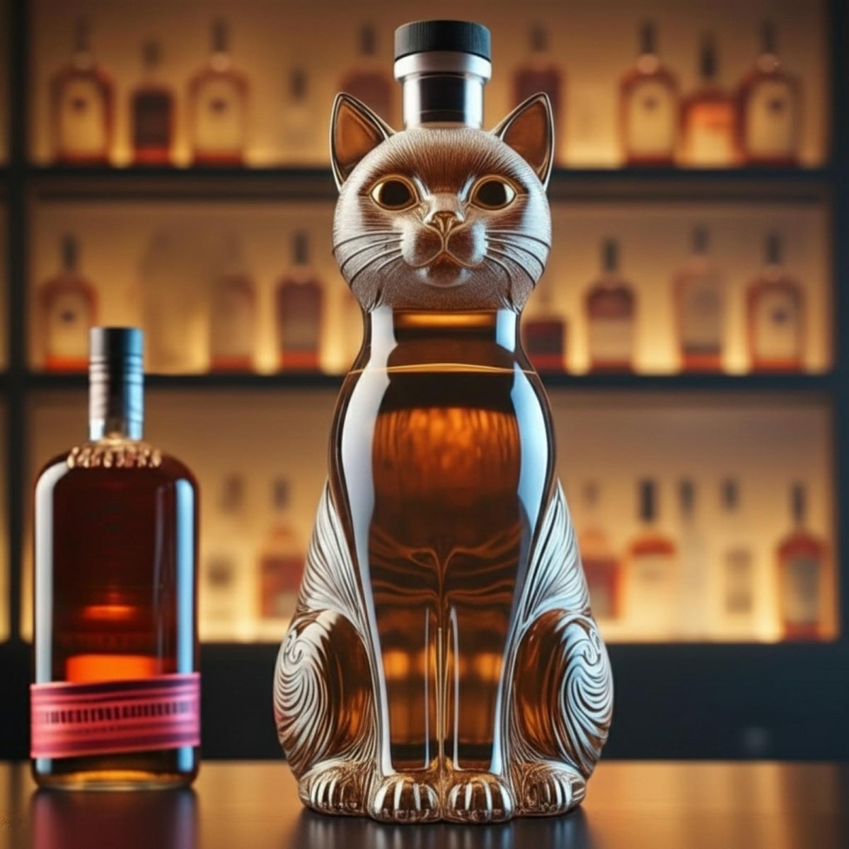Front view of the Kouvr cat liquor decanter, filled with amber whiskey, sitting on a bar in front of a backlit shelf of bottles.