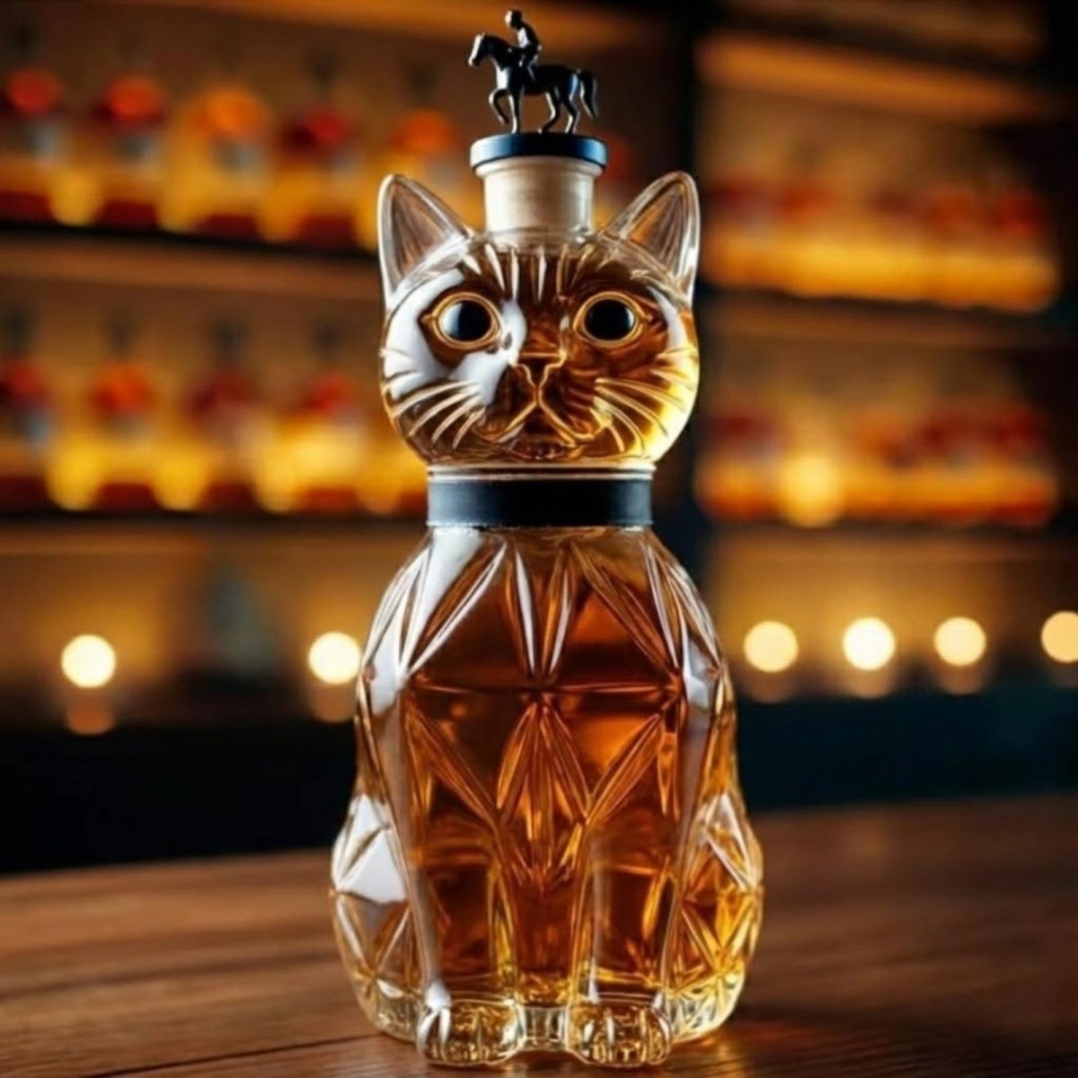 Front view of the Kouvr cat-shaped crystal liquor decanter, showing the detailed cat face and intricate cut glass design, perfect as a unique gift.