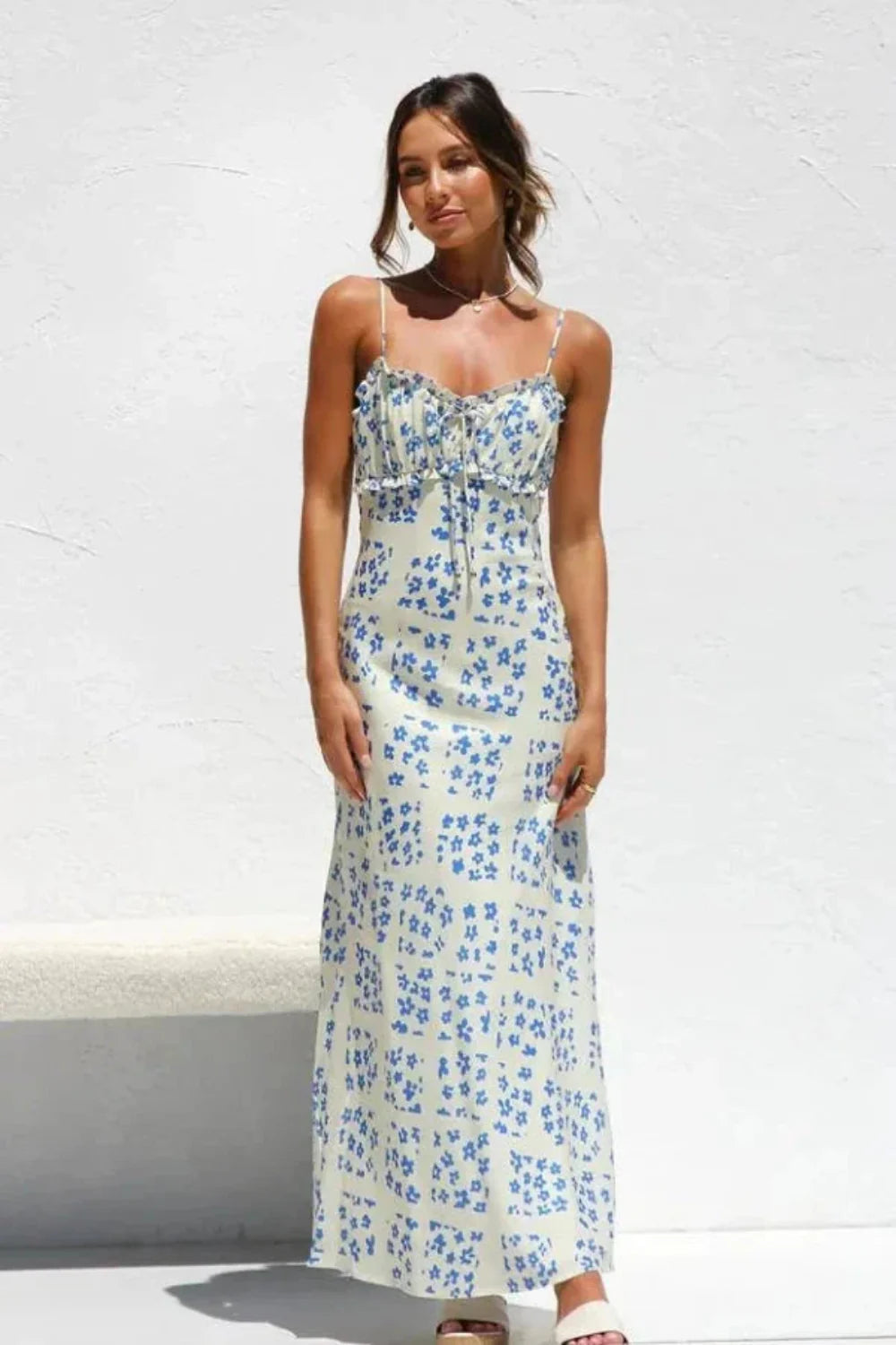 A-line silhouette, spaghetti straps, lightweight, breathable fabric, romantic, slip dress, sundress