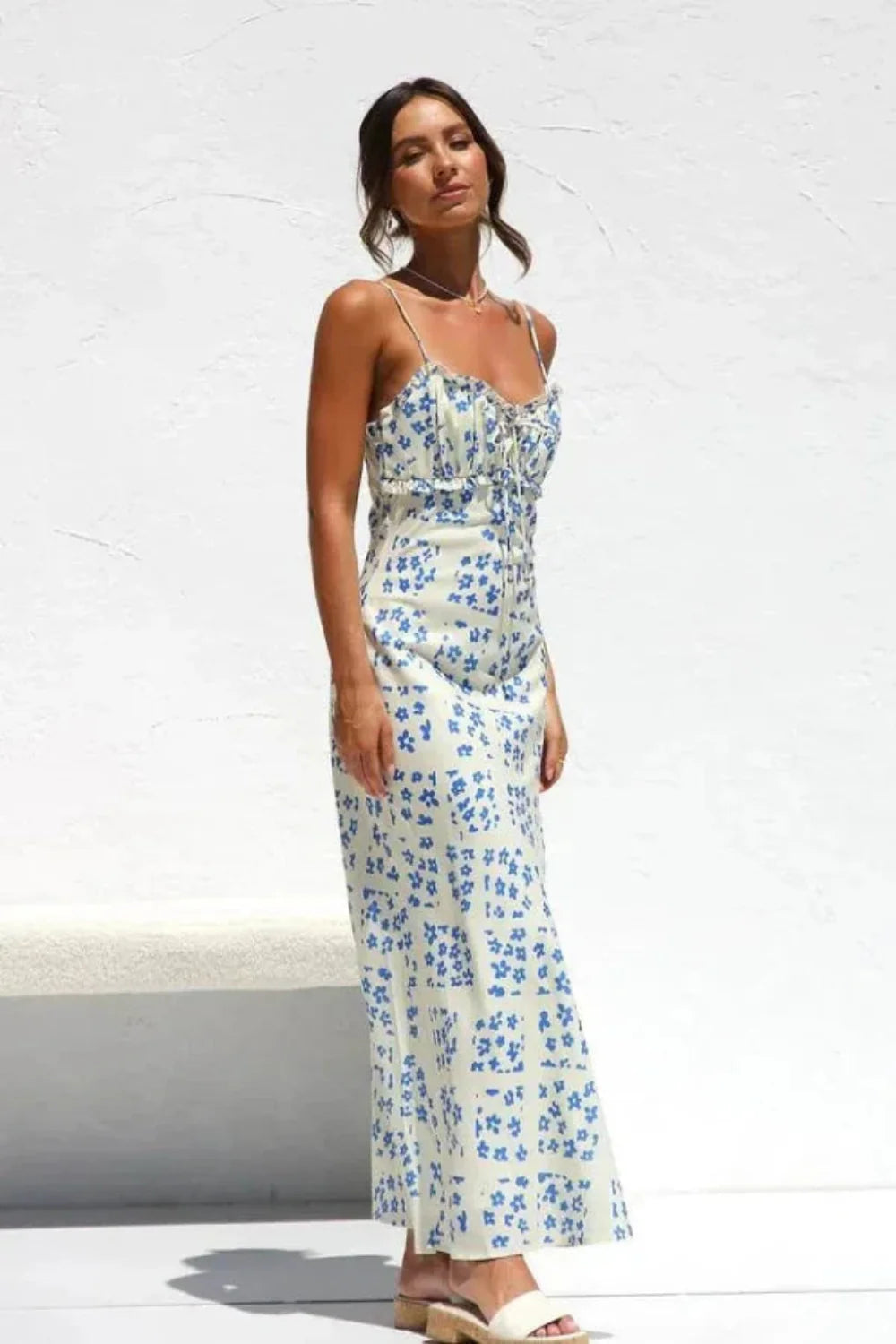 A-line silhouette, spaghetti straps, lightweight, breathable fabric, romantic, slip dress, sundress