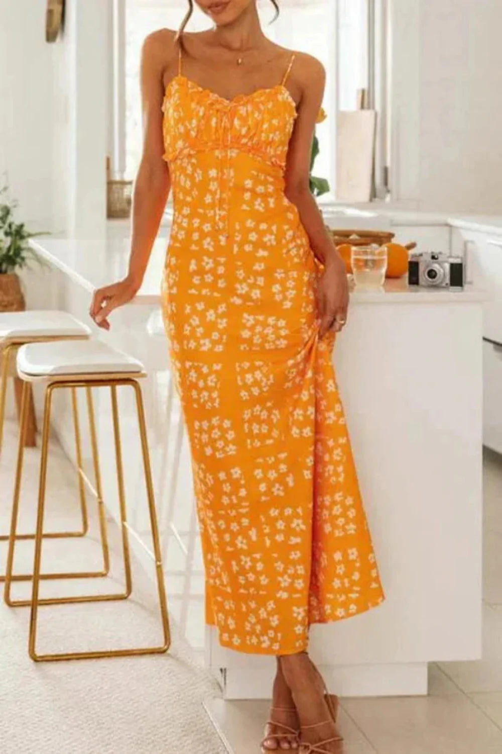 ruched bodice, tie-front detail, lightweight, breathable, adjustable straps