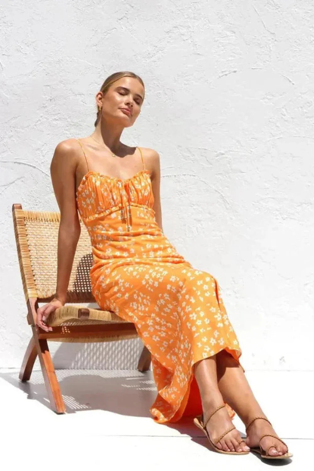 ruched bodice, tie-front detail, lightweight, breathable, adjustable straps